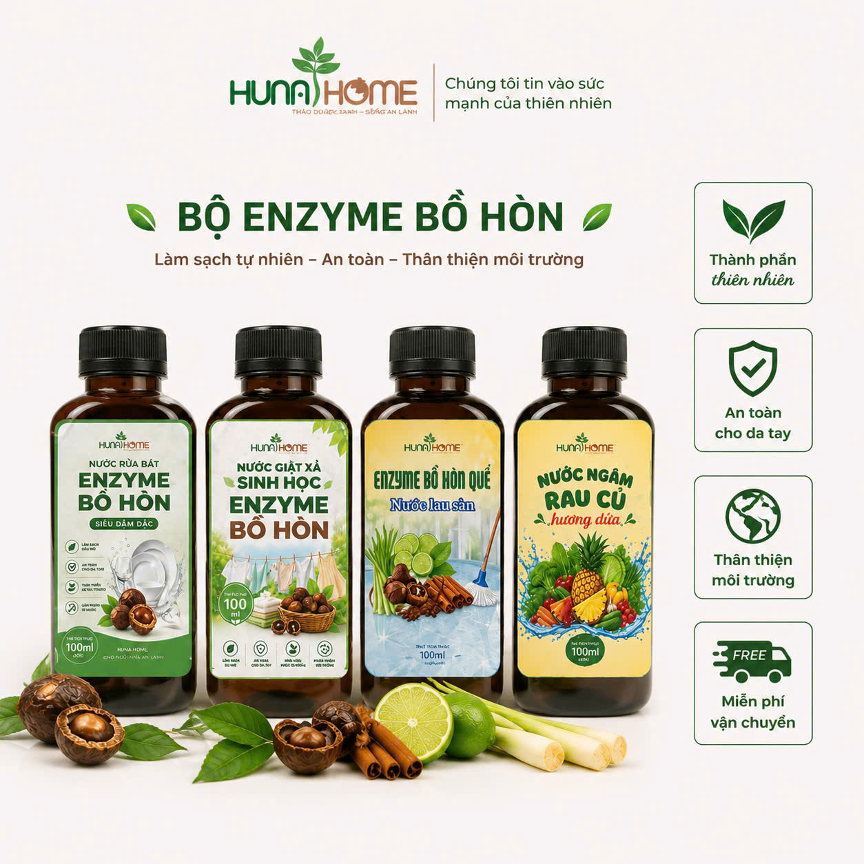 Bộ trải nghiệm Enzyme Bồ Hòn 4 chai 100ml: nước rửa bát, nước giặt xả sinh học, nước lau sàn enzyme bồ hòn quế và nước ngâm rau củ hương dứa