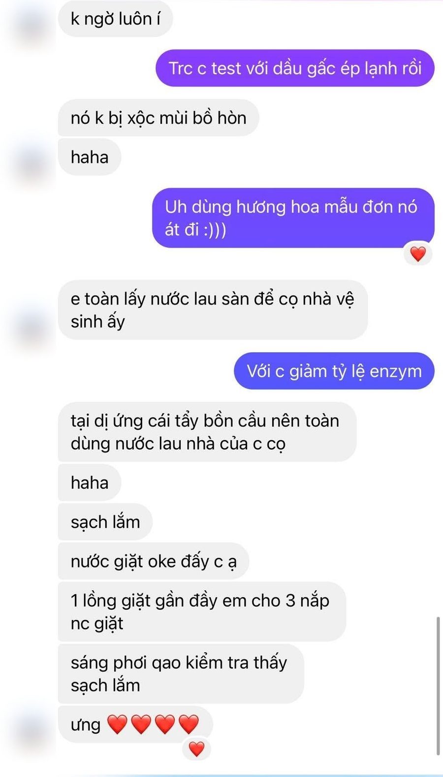 Tin nhắn khách dùng nước lau sàn và nước giặt enzyme bồ hòn, nhận xét sạch