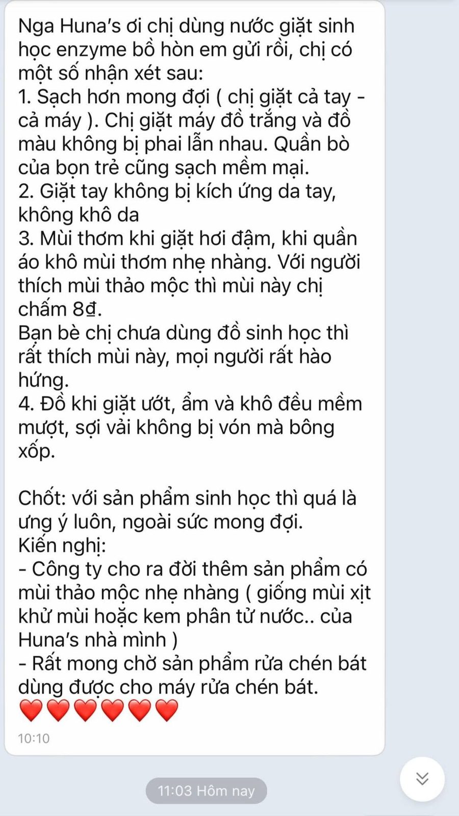 Tin nhắn khách nhận xét nước giặt enzyme bồ hòn: sạch hơn mong đợi, giặt tay không kích ứng da, mùi thơm nhẹ