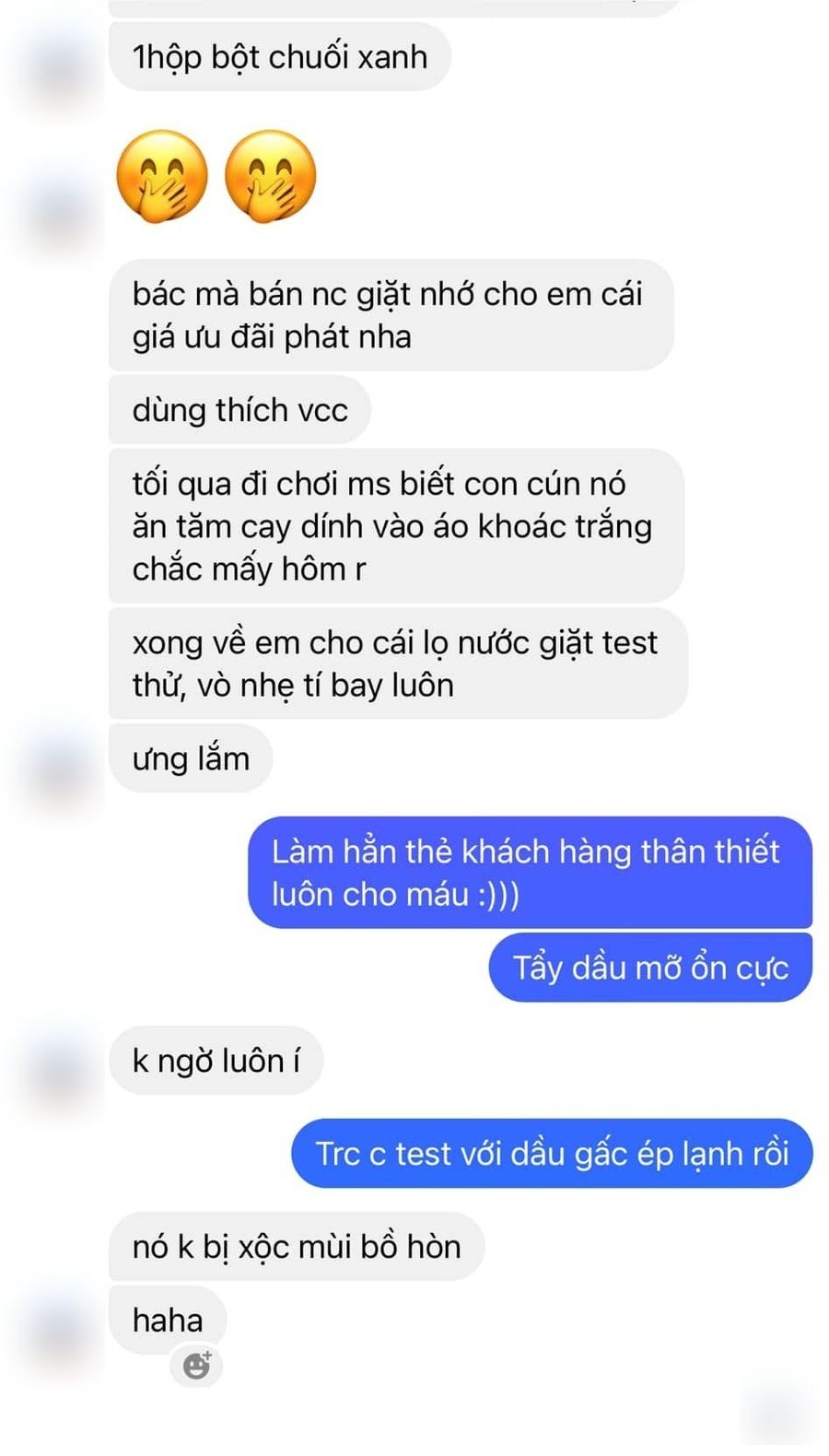 Tin nhắn khách nói nước giặt tẩy dầu mỡ tốt và không bị xộc mùi bồ hòn