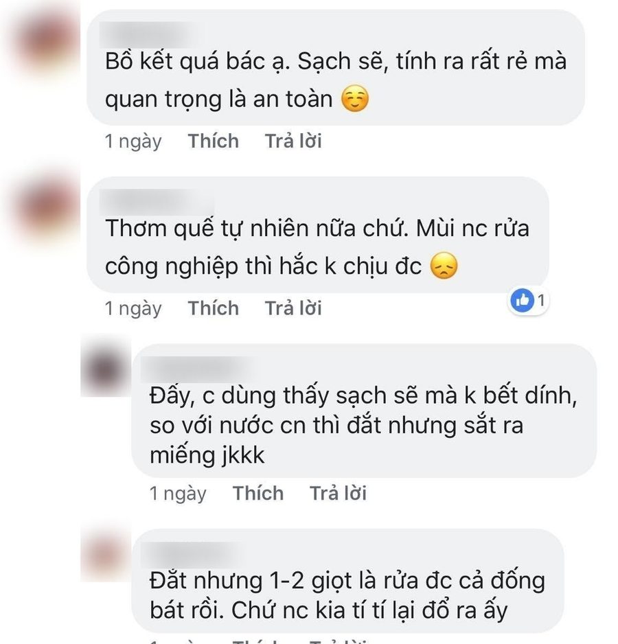 Bình luận khách khen thơm quế tự nhiên và enzyme đậm đặc, một hai giọt rửa được cả đống bát